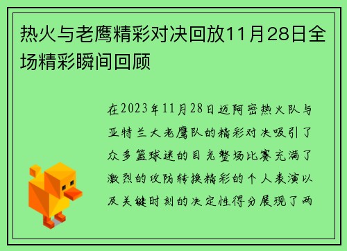 热火与老鹰精彩对决回放11月28日全场精彩瞬间回顾